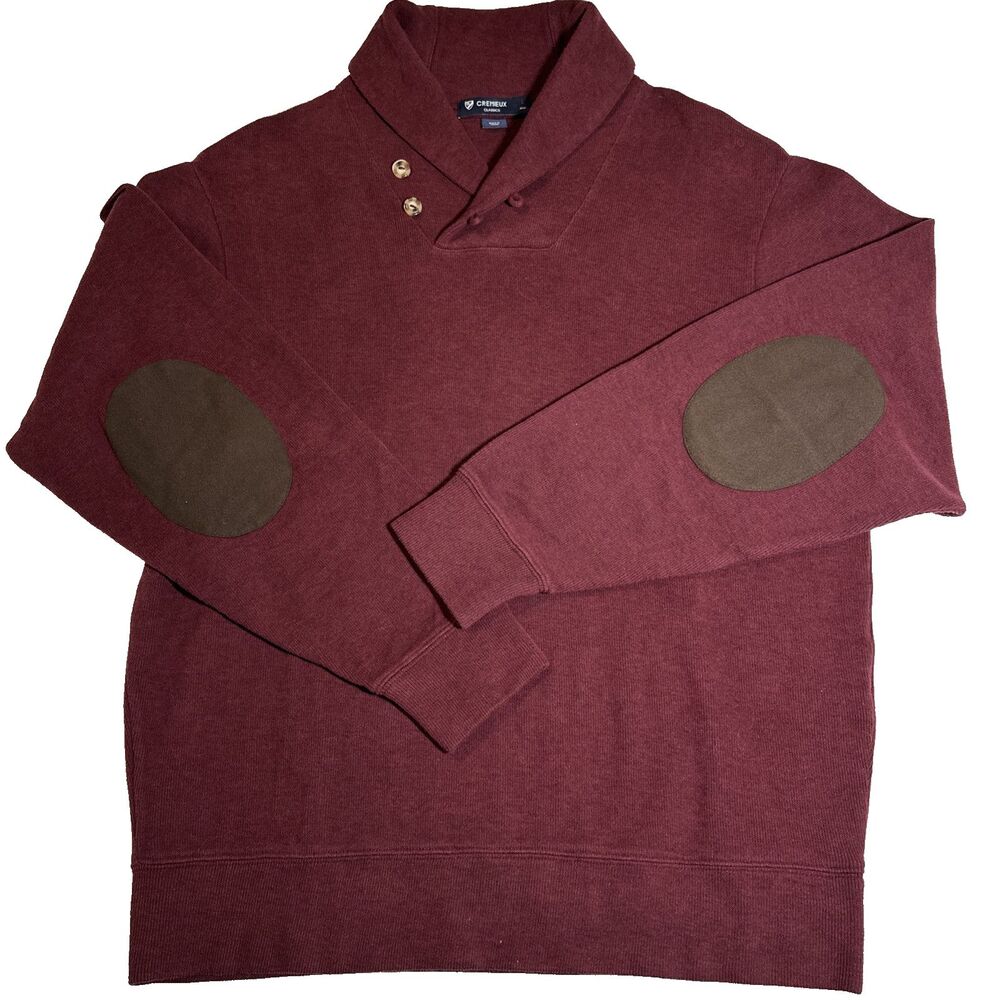 Cremieux Classics Maroon Sweater Shawl Collar Pullover Elbow Patch Brown Size L